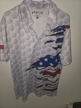 Next Level Apparel White Polo with Red & Blue Flag Graphic